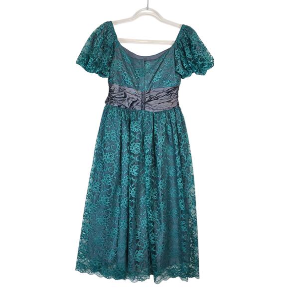 Vintage 80’s Paragon Teal Lace Formal Prom Midi Dress Gray Lining Waist Rosette - Picture 2 of 10